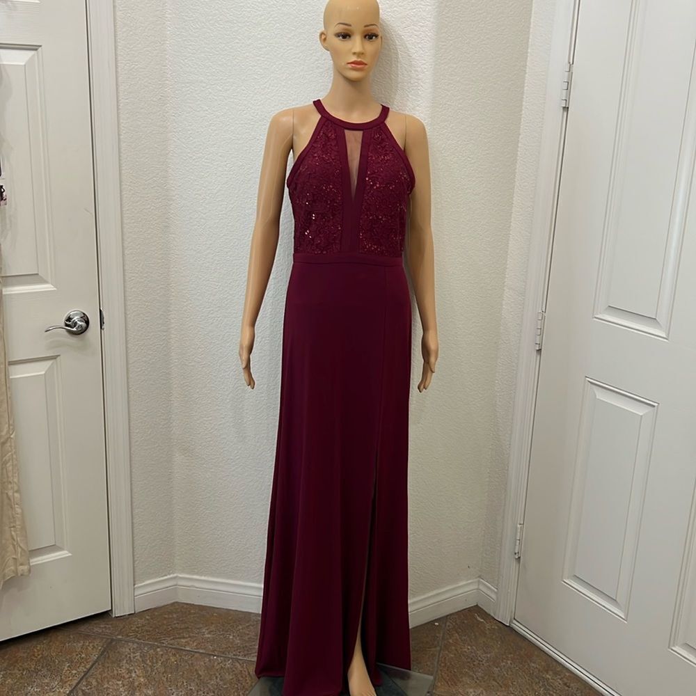 NW Nightway Merlot Red Dress Sz 8 Sequin Bodice Sleeveless Slit Front Maxi Gown